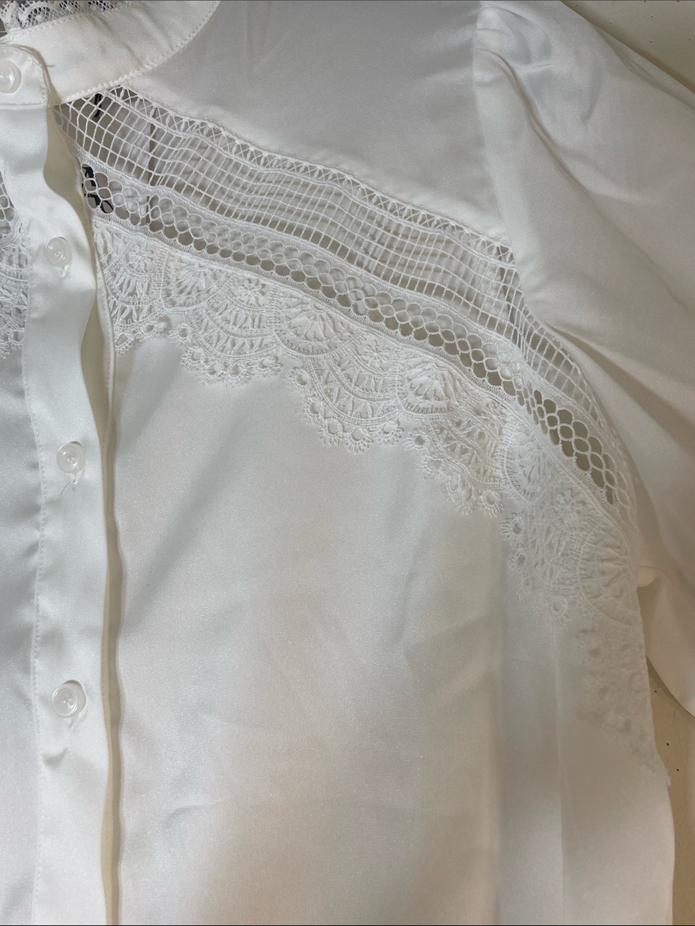 ANEWSTA White Lace-Detailed Button-Down Tie-Back Blouse. 6. NWT. - Picture 4 of 10